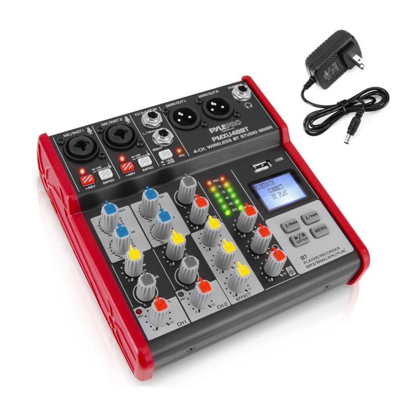 Pyle Studio Audio Sound Mixer Board 4 Channel Bluetooth Compatible Professional Portable Digital DJ Mixing Console WUSB Mixer Audio Interface Mixing Boards for Studio Recording