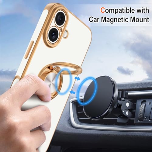 Hython for iPhone 17 Case with Ring Stand, 360° Rotatable Ring Holder Magnetic Kickstand, Plating Rose Gold Edge Soft Cover Protective Phone Case for iPhone 17 6.3", White - Image 5