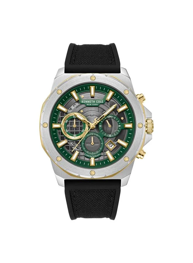 كينيث كول نيو يورك ساعة كرونوغراف رجالية هوليس مينا أخضر بحزام سيليكون ونايلون أسود -  مم