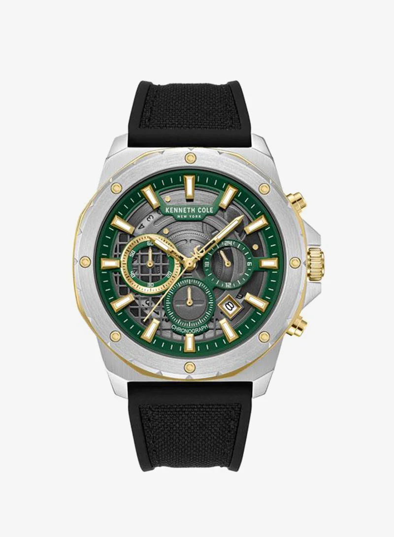 Kenneth Cole New York Hollis Green Dial Black Silicone-Nylon Strap Chronograph Watch for Men - 45mm