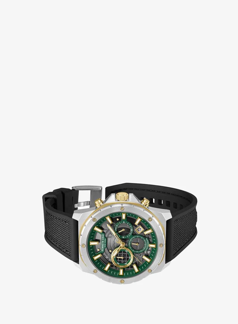 Kenneth Cole New York Hollis Green Dial Black Silicone-Nylon Strap Chronograph Watch for Men - 45mm