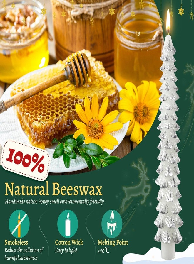 Ceoighe 4 Pack 10 Inch Christmas Tree Candles, Premium Natural Unscented Beeswax Christmas Tree Shaped Taper Candles with Cotton Wick, for Xmas Holiday Decor Party Banquet (White with Silver Trim) - Image 4