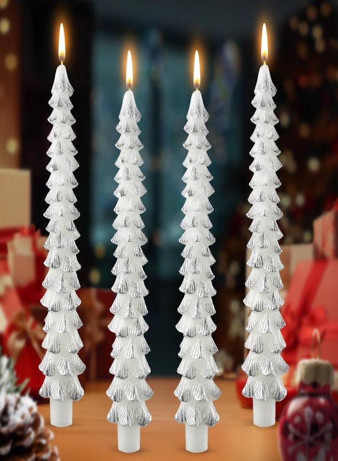 Ceoighe 4 Pack 10 Inch Christmas Tree Candles, Premium Natural Unscented Beeswax Christmas Tree Shaped Taper Candles with Cotton Wick, for Xmas Holiday Decor Party Banquet (White with Silver Trim) - Image 1