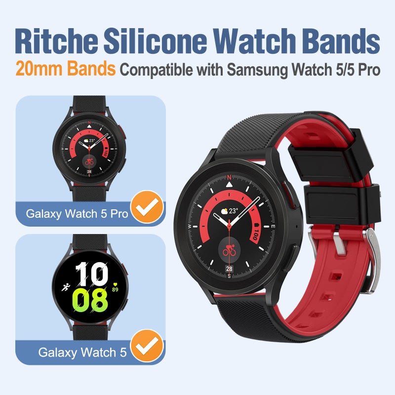 Ritche Christmas Gift 20mm Silicone Watch Band, Compatible with Samsung Galaxy Watch 4/5/ 5 Pro, 40mm/ 45mm Black Quick Release Rubber Watch Bands for Men Women, White Elephant Gifts, Stocking Stuffers for Men - Image 2