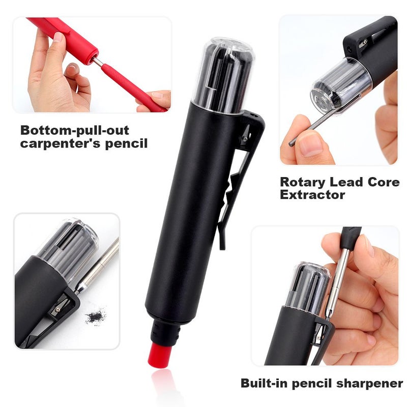 Black 3 In 1 Woodworking Carpenter Pencil Set With 44Mm Deep Hole Marker Built In Sharpener And 12 Leads - Image 3