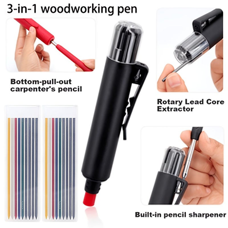 Black 3 In 1 Woodworking Carpenter Pencil Set With 44Mm Deep Hole Marker Built In Sharpener And 12 Leads - Image 1