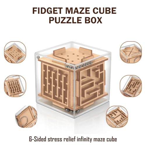 CHEROSIN Fidget Puzzle Cube for Kids and Adults - 6-Sided Wooden Puzzle Game Fidget Toy for Anxiety Relief - Handheld Maze Cube for Travel - 3D Brain Teaser Magic Cube Fidget for Christmas Stocking Stuffers - Image 4