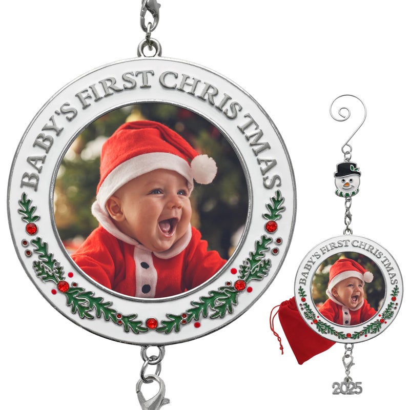 BANBERRY DESIGNS Babys First Christmas Enameled Photo Ornament  Holly  Red Rhinestone Accents  Snowman Hook  2025 Dated Hanging Charms  GiftStorage Bag Included