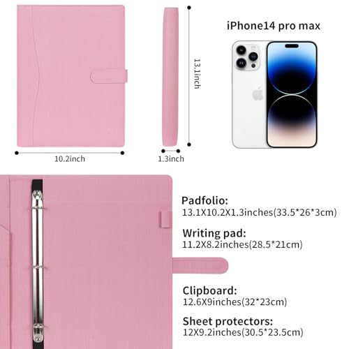 Wonderpool A4 PU Leather Portfolio Holder Ring File Document Case with Removable Binder Clipboard, Multi Pocket and Legal Pad for Business Organizer Interview and Meeting (Pink) - Image 2