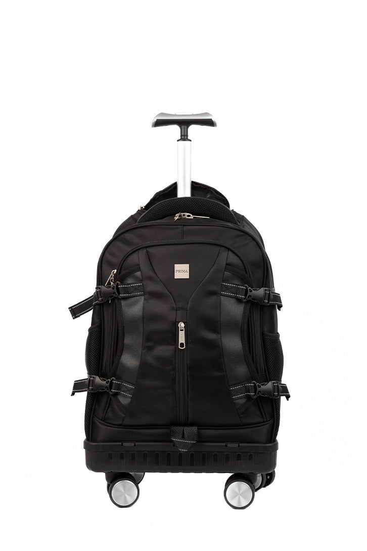 بريما حقيبة ظهر قابلة للطي 20 إنش مع 4 عجلات | حقيبة بعجلات للحمل اليدوي والسفر والعمل، جيوب منظمة وحماية للابتوب وتصميم متين بلون أسود - Image 1
