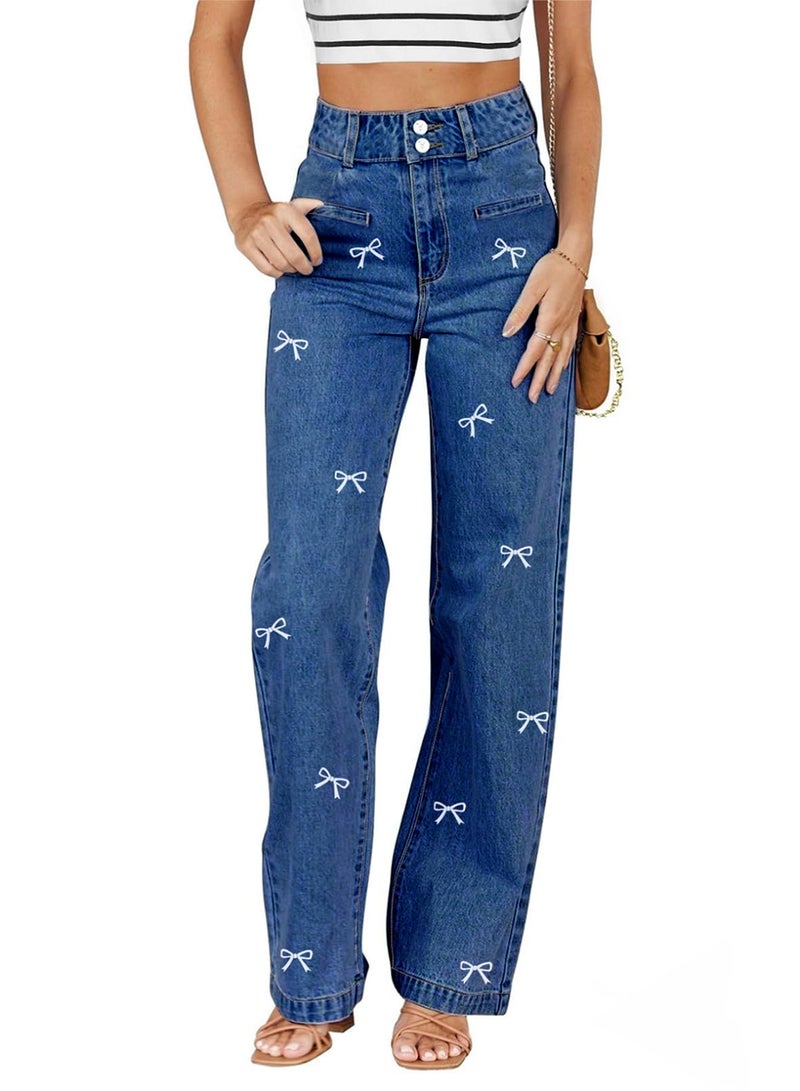Sidefeel Jeans for Women High Waisted Stretchy Wide Leg Trendy Loose Straight Leg Zimbaplatinum Denim Pants Blue Size 6 - Image 1