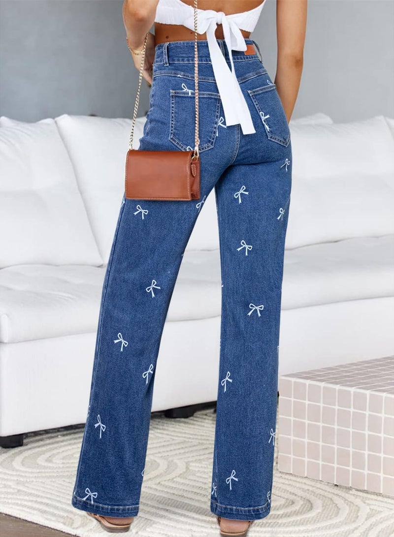 Sidefeel Jeans for Women High Waisted Stretchy Wide Leg Trendy Loose Straight Leg Zimbaplatinum Denim Pants Blue Size 6 - Image 2