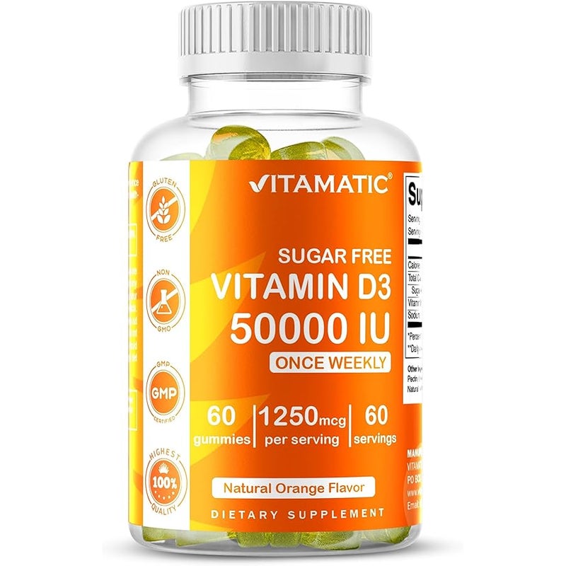 Vitamatic Sugar Free Vitamin D3 50,000 IU Weekly Supplement – 60 Pectin-Based Gummies High-Potency Vitamin D for Bone, Teeth & Immune Support - Image 1
