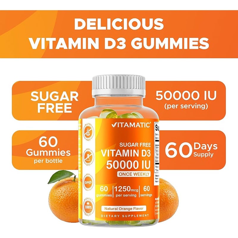 Vitamatic Sugar Free Vitamin D3 50,000 IU Weekly Supplement – 60 Pectin-Based Gummies High-Potency Vitamin D for Bone, Teeth & Immune Support - Image 4