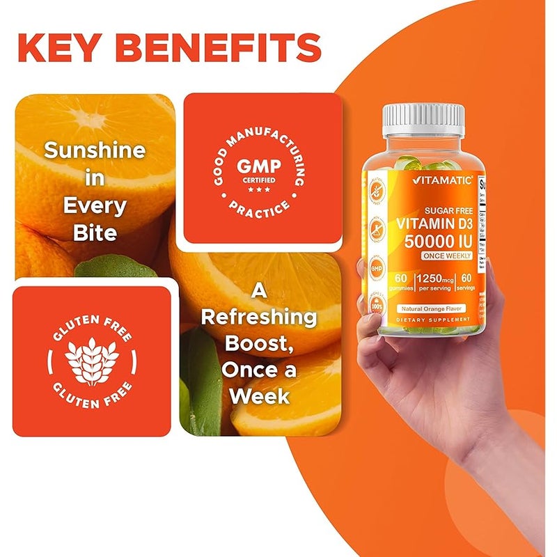 Vitamatic Sugar Free Vitamin D3 50,000 IU Weekly Supplement – 60 Pectin-Based Gummies High-Potency Vitamin D for Bone, Teeth & Immune Support - Image 5