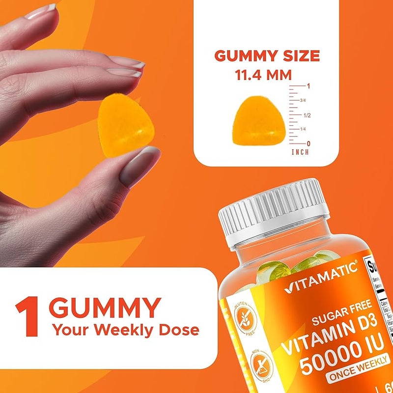 Vitamatic Sugar Free Vitamin D3 50,000 IU Weekly Supplement – 60 Pectin-Based Gummies High-Potency Vitamin D for Bone, Teeth & Immune Support - Image 3