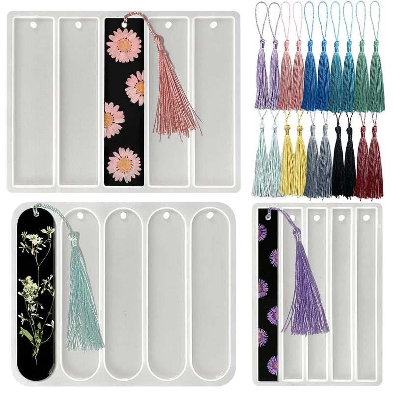 RESINWORLD Set of 3 Shiny Bookmarks Silicone Mold Bookmark Resin Mold with Tassels Small Medium Rectangle Bookmark Mold