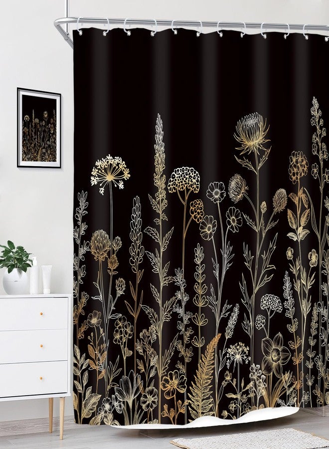 Riyidecor Black Gold Floral Wildflower Shower Curtain for Bathroom Decor 72Wx72H Golden Flower Botanical Plants Boho Vintage Rustic Art Printed Fabric Polyester Waterproof Women Girl Girly - Image 3