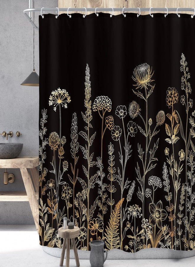 Riyidecor Black Gold Floral Wildflower Shower Curtain for Bathroom Decor 72Wx72H Golden Flower Botanical Plants Boho Vintage Rustic Art Printed Fabric Polyester Waterproof Women Girl Girly - Image 1