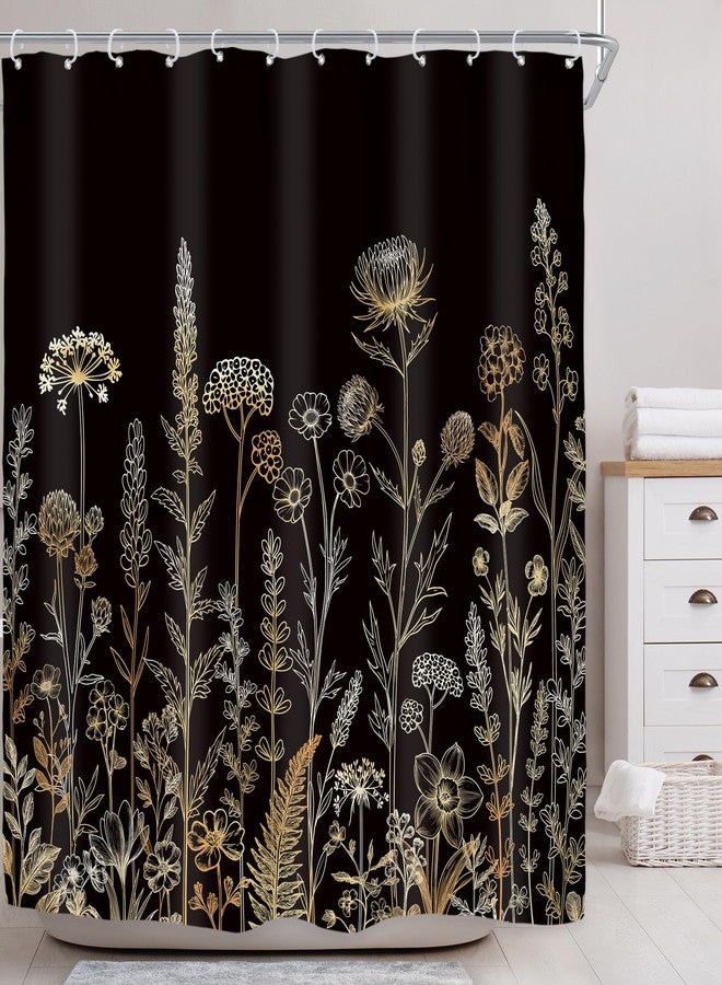 Riyidecor Black Gold Floral Wildflower Shower Curtain for Bathroom Decor 72Wx72H Golden Flower Botanical Plants Boho Vintage Rustic Art Printed Fabric Polyester Waterproof Women Girl Girly - Image 2