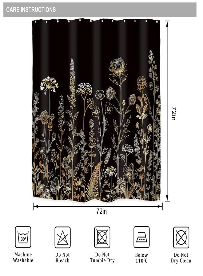 Riyidecor Black Gold Floral Wildflower Shower Curtain for Bathroom Decor 72Wx72H Golden Flower Botanical Plants Boho Vintage Rustic Art Printed Fabric Polyester Waterproof Women Girl Girly - Image 5