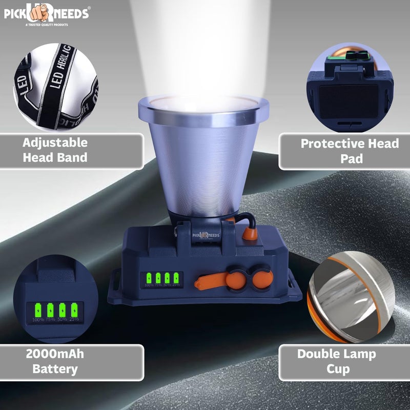 Pick Ur Needs 150 Watt Laser Rechargeable Head Lamp 3 LED Mode Aluminum Body 2000mAh Battery Head Torch/Headlamp for Camping (Silver) - Image 4