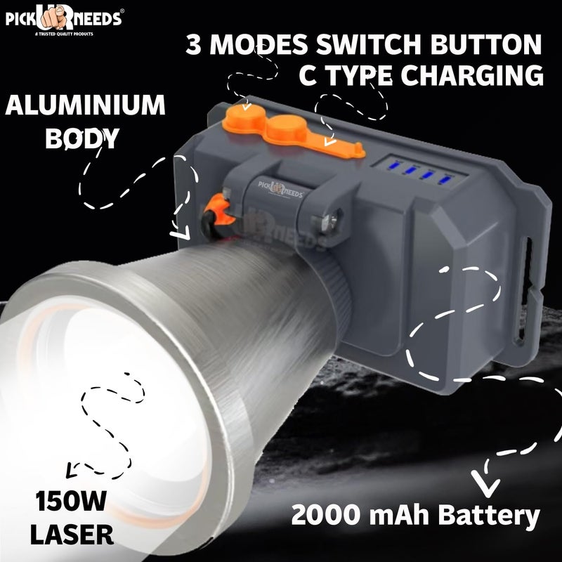 Pick Ur Needs 150 Watt Laser Rechargeable Head Lamp 3 LED Mode Aluminum Body 2000mAh Battery Head Torch/Headlamp for Camping (Silver) - Image 2