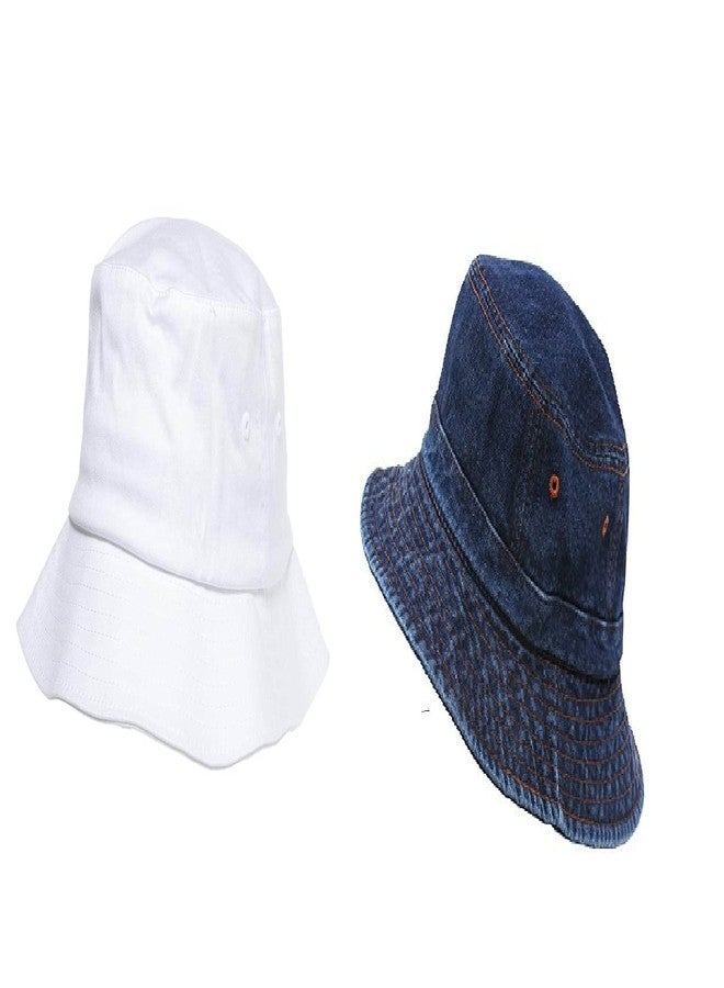 Jubination Women Men Unisex Fisherman Hat Combo of Blue Denim and White Cotton Fashion Wild Sun Protection Cap Outdoors Cap - Image 1