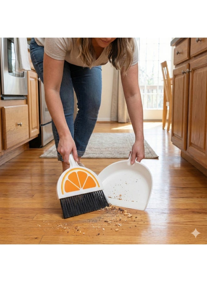 Mini Dustpan and Brush Set for Quick Cleaning – Cute Fruit Design, Soft Flexible Bristles, Snap-Lock Storage, for Home, Office, Car, Keyboard, Rugs and Floors-orange - Image 4