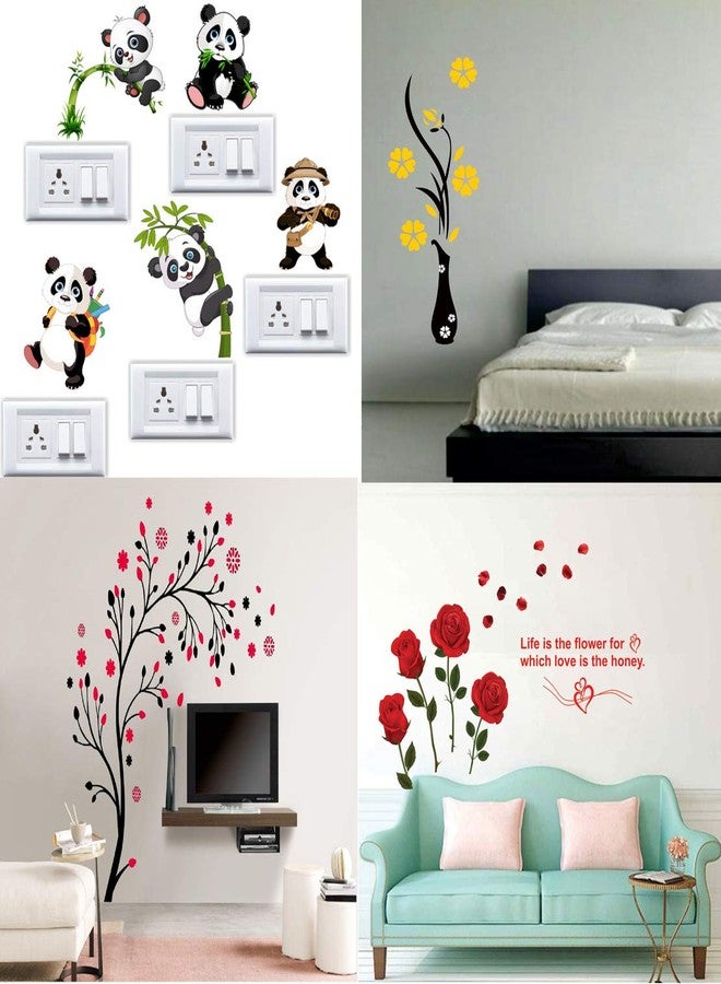 Walltech Combo of 4 Wall Sticker Romantic Rose Flowers-(98 x64 cms) | Panda-(60 x 50 cms) | Flower vase Yellow-(60 x 134 cms) | Magical Tree-(150 x 150 cms) - Material Vinyl - Image 1