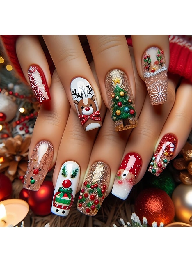 أظافر صناعية لعيد الميلاد قابلة للضغط، مربعة متوسطة الحجم، بتصميم الظباء اللطيف، أظافر مزيفة باللون الأحمر والأبيض مع رقاقات الثلج، تصميم شتوي لعيد الميلاد، أظافر اصطناعية كاملة الطول لامعة مع غراء - 24 قطعة - Image 1