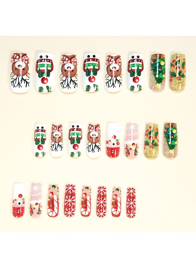 أظافر صناعية لعيد الميلاد قابلة للضغط، مربعة متوسطة الحجم، بتصميم الظباء اللطيف، أظافر مزيفة باللون الأحمر والأبيض مع رقاقات الثلج، تصميم شتوي لعيد الميلاد، أظافر اصطناعية كاملة الطول لامعة مع غراء - 24 قطعة - Image 3