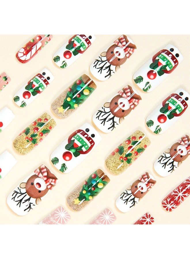 أظافر صناعية لعيد الميلاد قابلة للضغط، مربعة متوسطة الحجم، بتصميم الظباء اللطيف، أظافر مزيفة باللون الأحمر والأبيض مع رقاقات الثلج، تصميم شتوي لعيد الميلاد، أظافر اصطناعية كاملة الطول لامعة مع غراء - 24 قطعة - Image 4