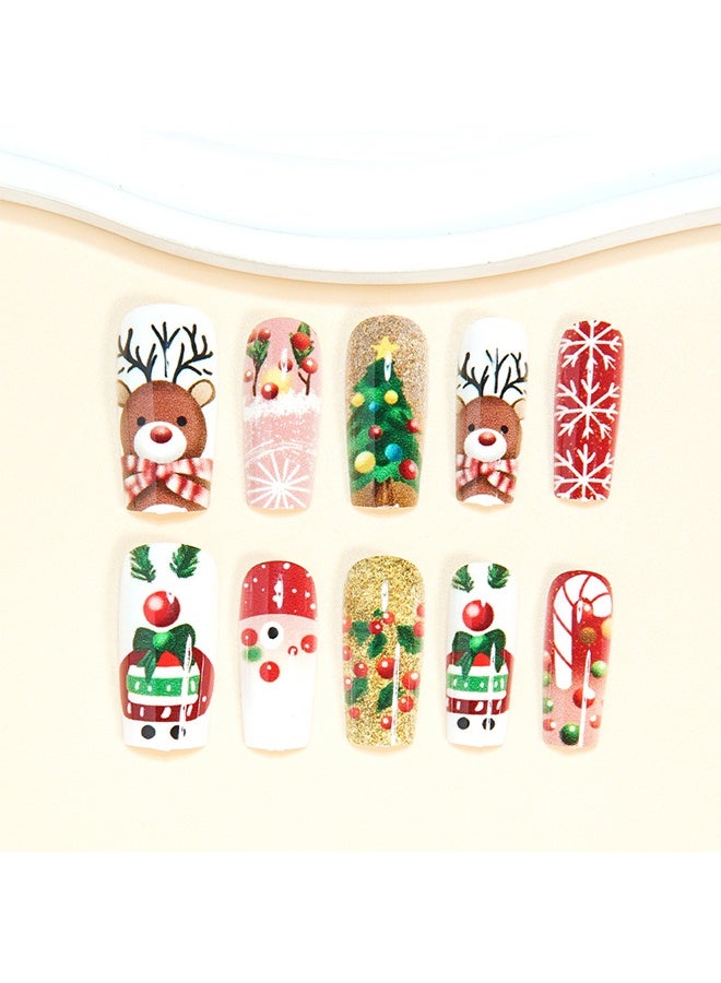 أظافر صناعية لعيد الميلاد قابلة للضغط، مربعة متوسطة الحجم، بتصميم الظباء اللطيف، أظافر مزيفة باللون الأحمر والأبيض مع رقاقات الثلج، تصميم شتوي لعيد الميلاد، أظافر اصطناعية كاملة الطول لامعة مع غراء - 24 قطعة - Image 2