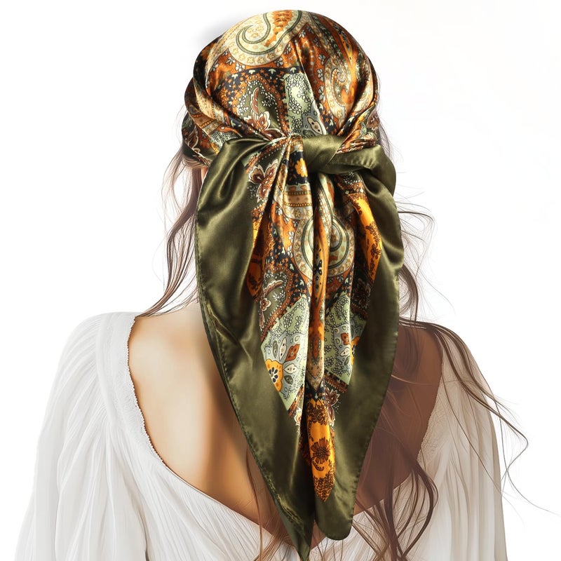 VBAEI 35â€ Large Square Satin Head Scarf - 1Pcs Satin Hair Scarf Silk Bandana Head Wraps For Women (Deep Green) - Image 1