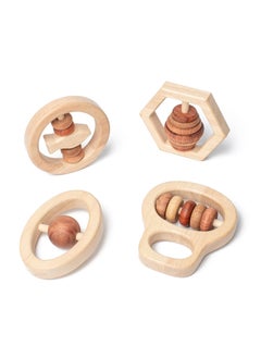 Generic 4-Piece Montessori Wooden Rattle Toy Set, Handbell Toys For Baby 0 6 12 Months Early Education Natural Wood Puzzle Color Shaker Bell Set  - Image 1