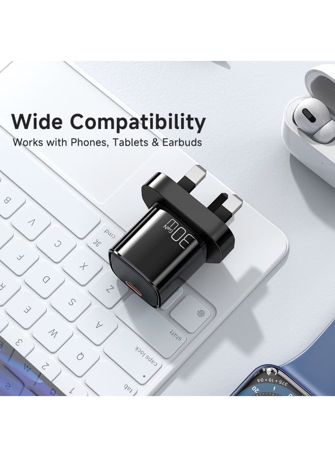 مكدودو شاحن ماكدودو السريع بقوة 30 واط بتقنية GaN، مزود بمقبس بريطاني ومنفذ USB-C + كابل USB-C إلى USB-C بطول 1 متر، شاحن PD صغير الحجم لأجهزة أندرويد وآيباد وغيرها، أسود (CH-0583) - Image 5