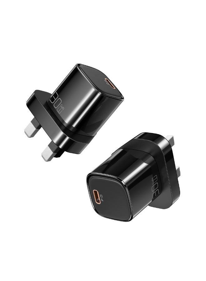 مكدودو شاحن ماكدودو السريع بقوة 30 واط بتقنية GaN، مزود بمقبس بريطاني ومنفذ USB-C + كابل USB-C إلى USB-C بطول 1 متر، شاحن PD صغير الحجم لأجهزة أندرويد وآيباد وغيرها، أسود (CH-0583) - Image 1