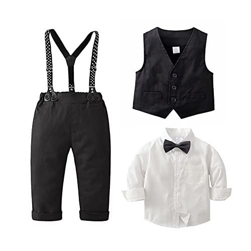 PureMilk Infant Long Sleeve Dress Shirt with Bowtie + Suspender Pants + Vest Tuxedos Formal Suits for Baby Boys Black 12-18M - Image 2