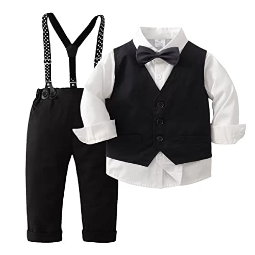 PureMilk Infant Long Sleeve Dress Shirt with Bowtie + Suspender Pants + Vest Tuxedos Formal Suits for Baby Boys Black 12-18M - Image 1
