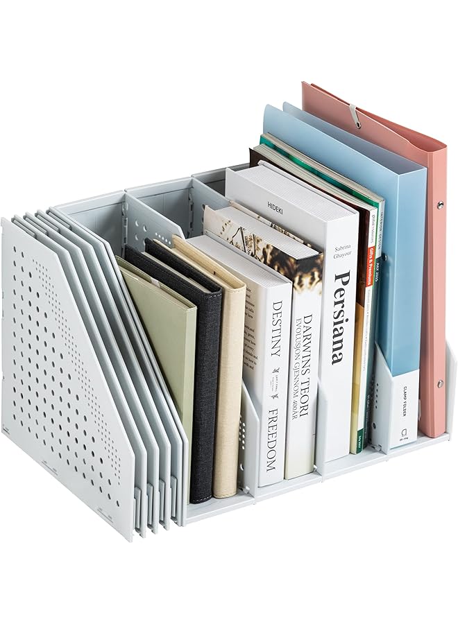 Deli Collapsible Magazine File Holder Desk Organizer Document Folder For Office Organization And Storage 4 Vertical Compartments Gray - Image 1