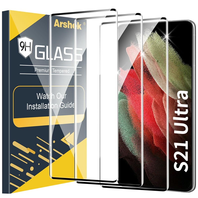 Arshek 3 Pack Galaxy S21 Ultra Screen Protector, 9H Tempered Glass, Ultrasonic Fingerprint Support, 3D Curved,HD Clear Scratch Resistant for Samsung Galaxy S21 Ultra 5G Glass Screen Protector - Image 1