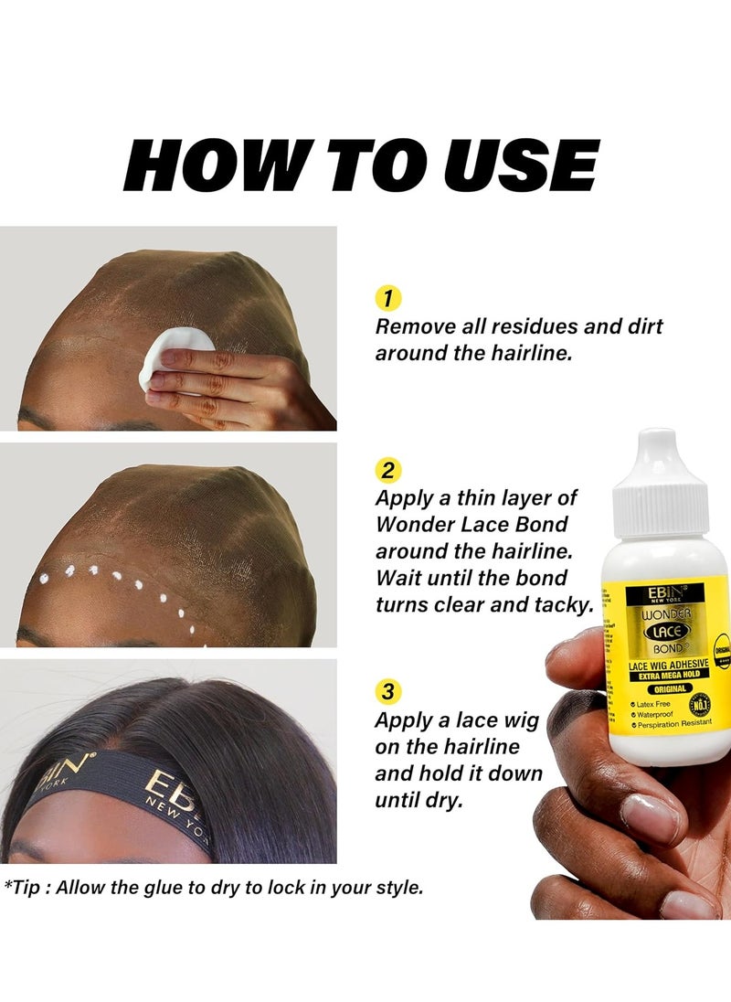 EBIN NEW YORK Wonder Lace Bond Wig Adhesive Extra Mega Hold 1.18oz/ 35ml | Invisible Wig Bonding Glue: Water & Oil-Resistant, Non-Toxic, Light Hold for Secure and Natural-Looking Poly and Lace Hairpiece, Wigs  - Image 4