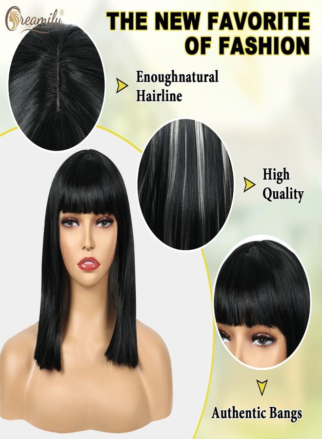 Creamily Short Hair Wig for Women Full Head, Bob Cut Wigs with Bangs for Women, Hightlight Black Mix Grey Straight Ladies Wigs Natural Hair Full Head (Black,14 inches) - Image 4