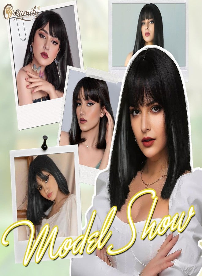 Creamily Short Hair Wig for Women Full Head, Bob Cut Wigs with Bangs for Women, Hightlight Black Mix Grey Straight Ladies Wigs Natural Hair Full Head (Black,14 inches) - Image 2