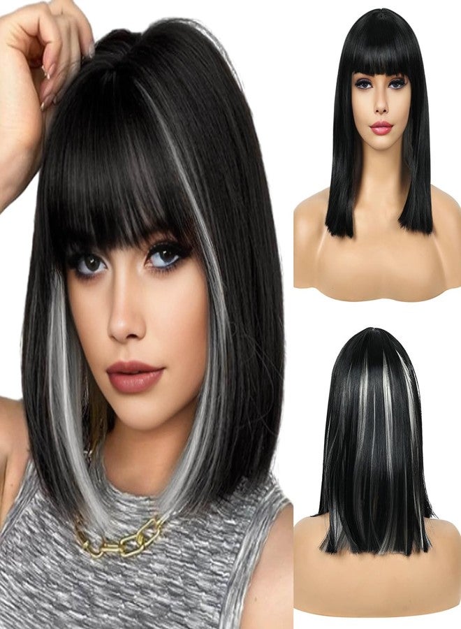 Creamily Short Hair Wig for Women Full Head, Bob Cut Wigs with Bangs for Women, Hightlight Black Mix Grey Straight Ladies Wigs Natural Hair Full Head (Black,14 inches) - Image 1