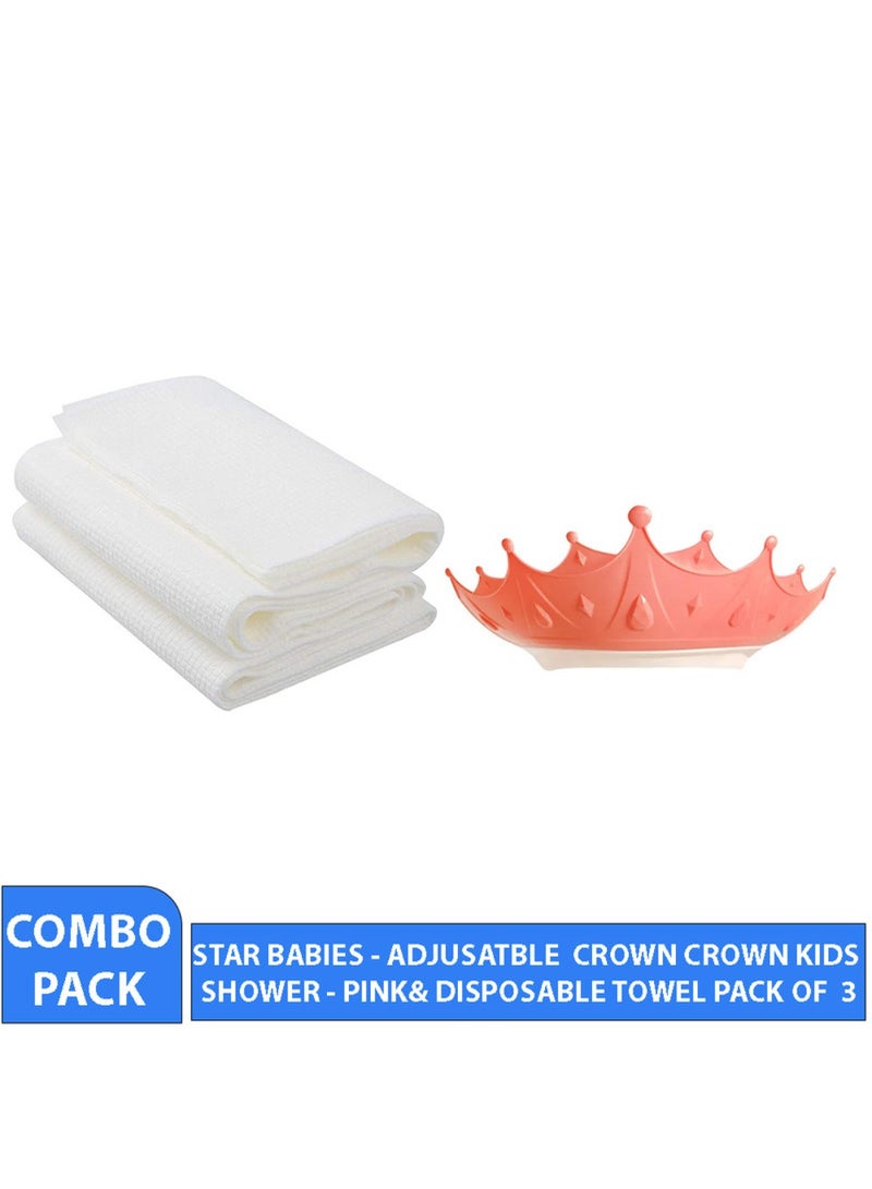 STAR BABiES Combo Pack Kids Crown Shower Cap Disposable Towel Pack Of 3 - Pink - Image 2