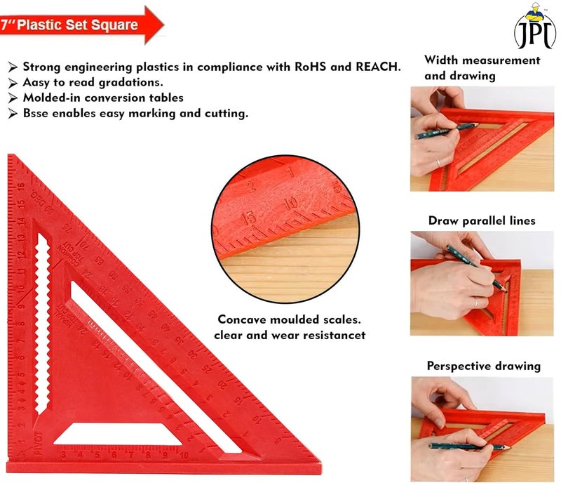 JPT مربع نجار سميك 7 بوصة بزاوية 45°/90° | مسطرة مثلثية مصنوعة من ABS | مقياس محفور بالليزر | تصميم قاعدة موسعة | الأفضل للنجارة، الأعمال الخشبية، البناء، والأعمال اليدوية - Image 4