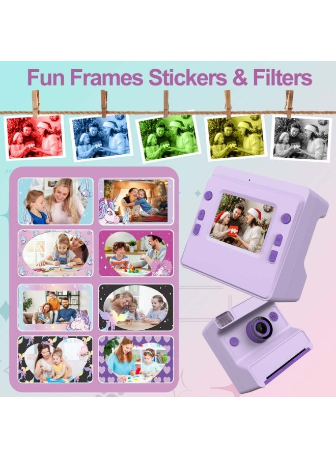 Instant Print Digital Camera for Men, Women - HD Selfie Camera with Built-in more Filters, 1080P Photo/Video Recording,Built-in Rolls Paper - Portable Mini Polaroid Printer for Travel, Valentine's Day, Christmas, Birthdays, Parties - Best Creative Gift for Couples, Friends, Family（1300mAh Rechargeable batteries)-Purple - Image 2