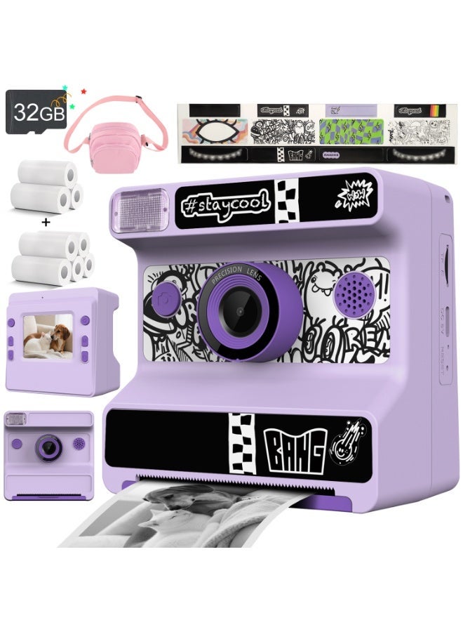 Instant Print Digital Camera for Men, Women - HD Selfie Camera with Built-in more Filters, 1080P Photo/Video Recording,Built-in Rolls Paper - Portable Mini Polaroid Printer for Travel, Valentine's Day, Christmas, Birthdays, Parties - Best Creative Gift for Couples, Friends, Family（1300mAh Rechargeable batteries)-Purple - Image 1